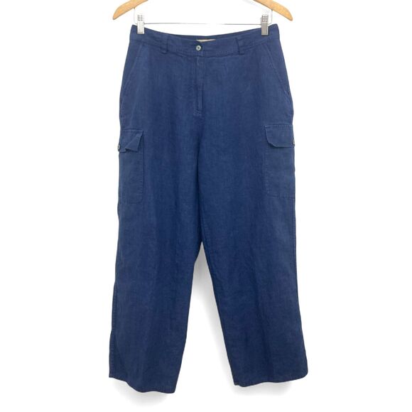 Kate Hill Cargo Pants Size 6 Navy Blue 100% Linen Wide Leg Utility Pockets - Picture 2 of 11